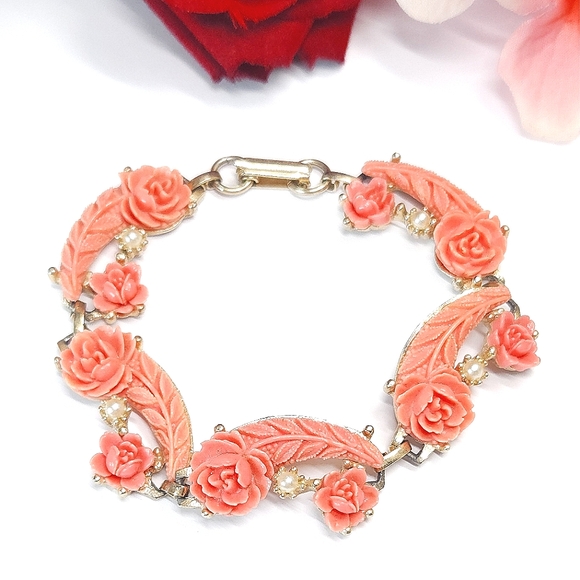 Vintage Jewelry - Vintage Carved Celluloid Coral Rose & Faux Pearl Gold Plated Bracelet 7 3/4"